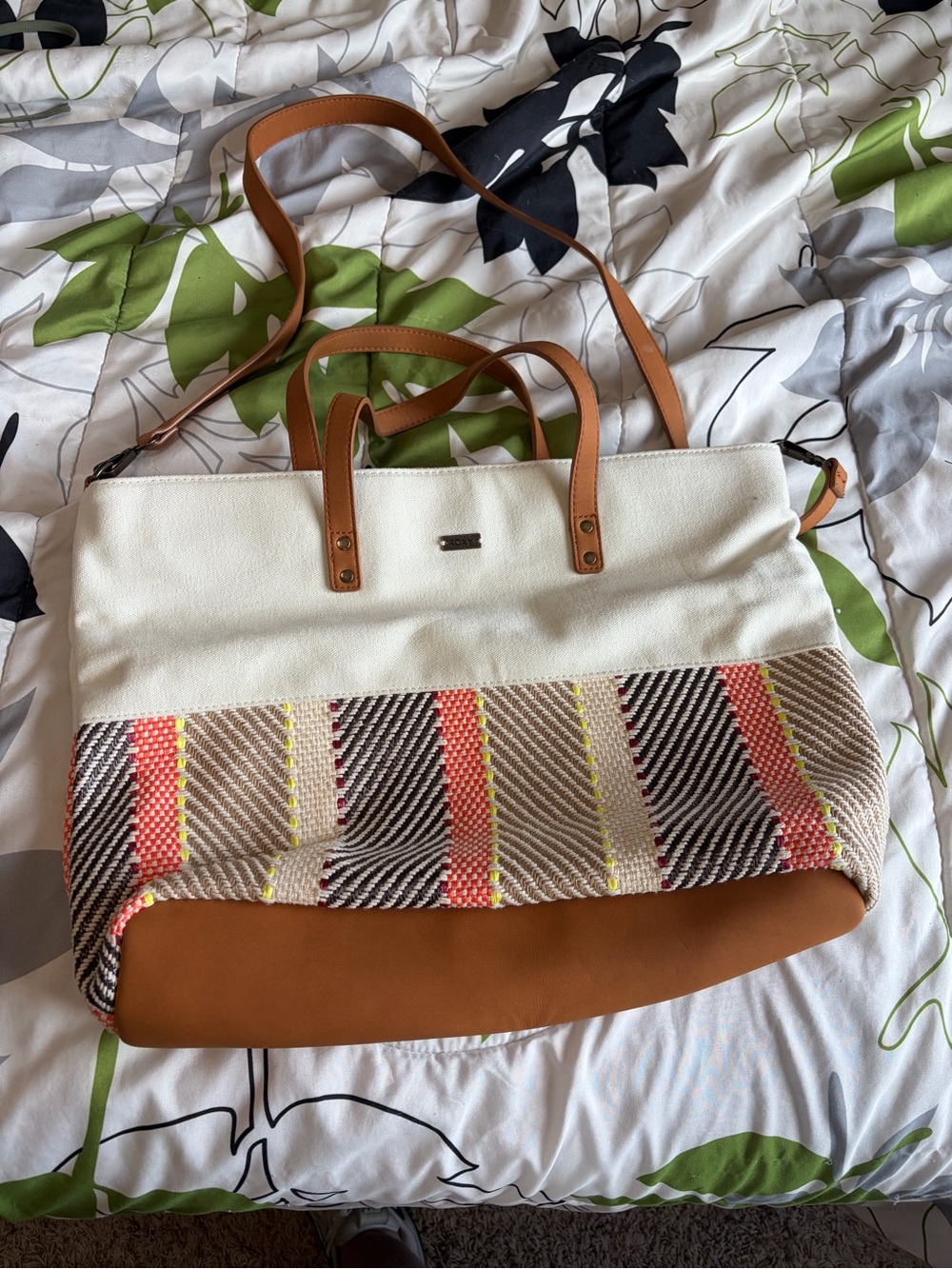 Roxy White Canvas Tote with Tan Leather Trim and Multicolor Stripe Panel